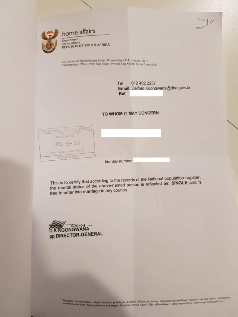 Example of Letter of No Impediment for South Africa